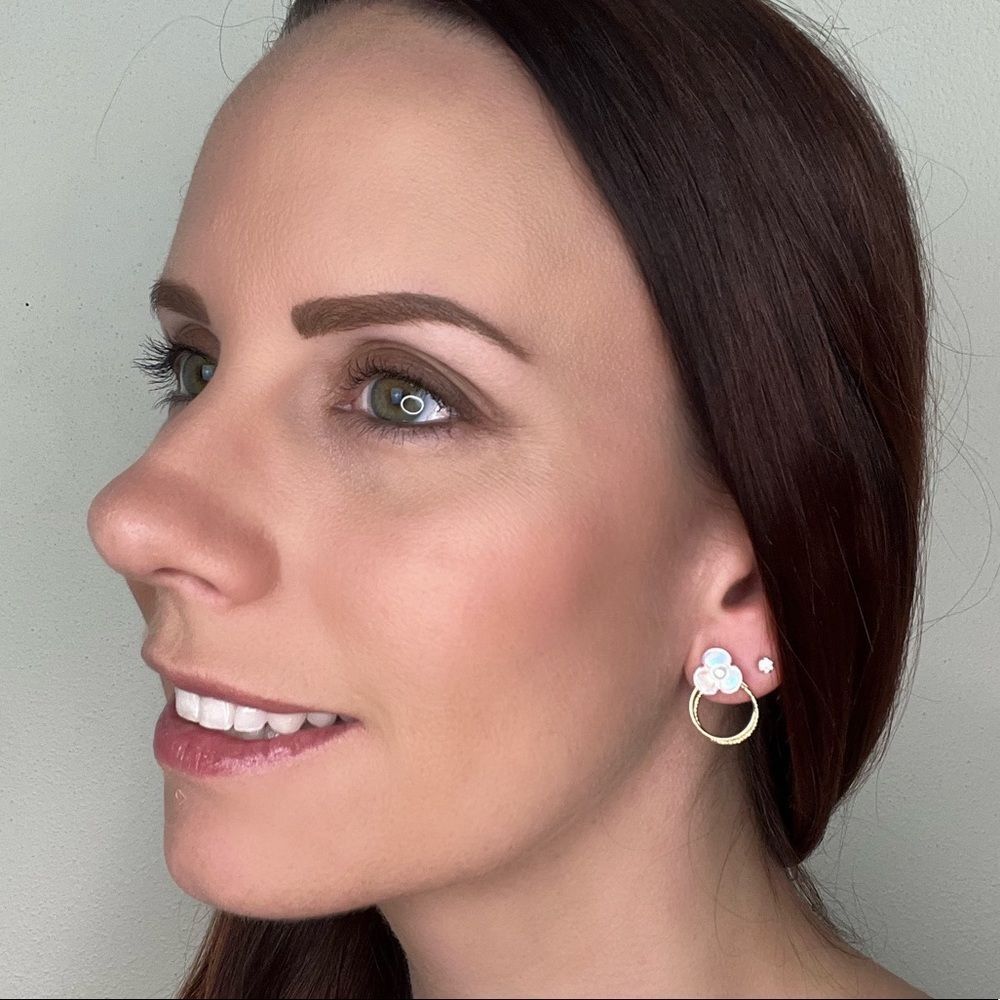 Gold Circle Mini Floral Iridescent Pearl Dainty Post Earrings